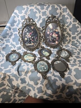 SET Vtg Italy Brass Flower Metal Picture Frame Convex Bubble Glass Victorian ART